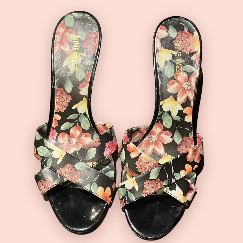 Nine West Floral Heel Sandals/ Floral Heeled Slides